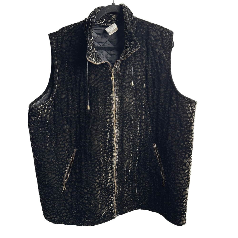 Vintage Womens 3X Animal Print Velvet Quilted Vest Made in Canada Zip Up Glamor